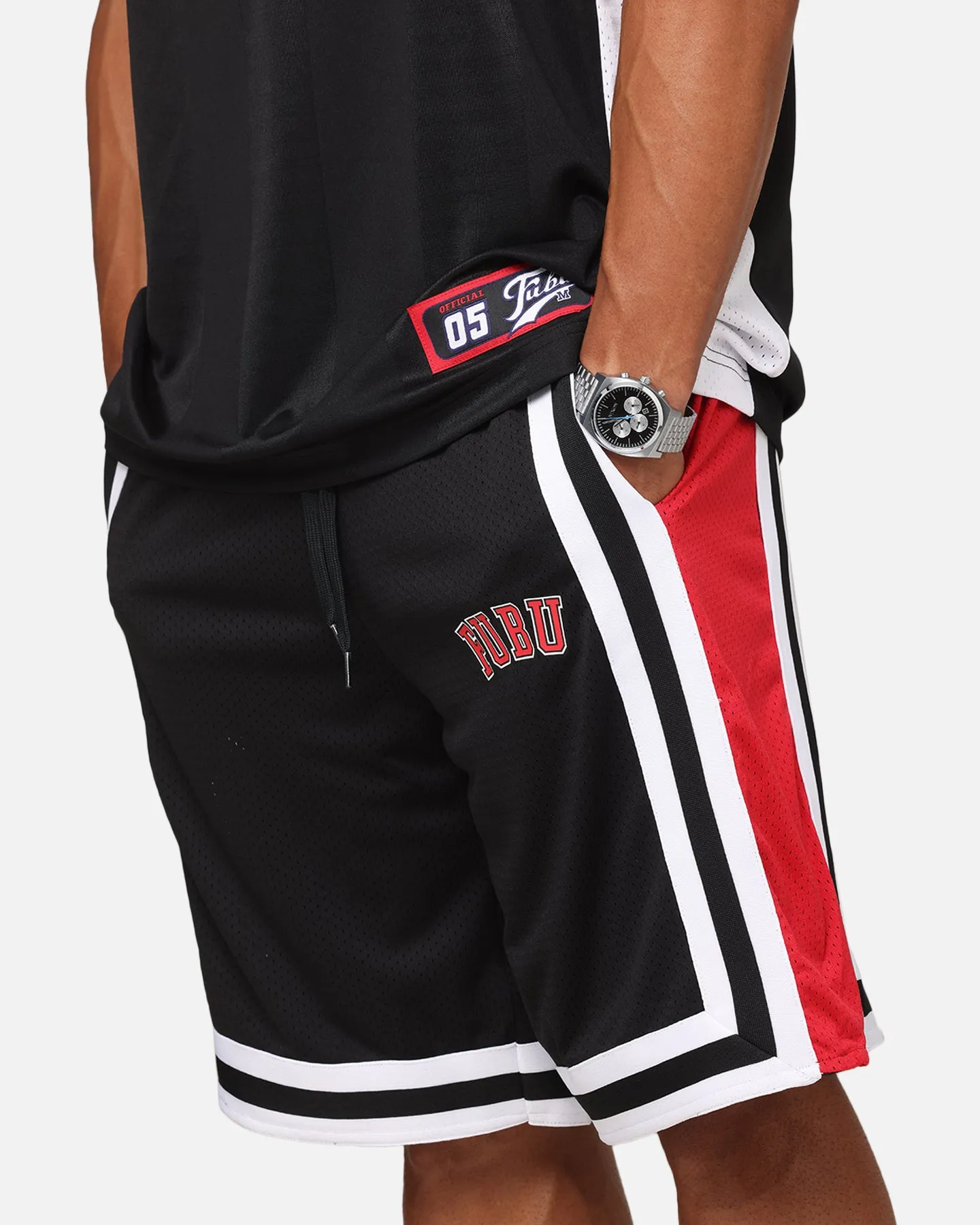 Fubu College Mesh Shorts Black/Red/White Flatlock Seams