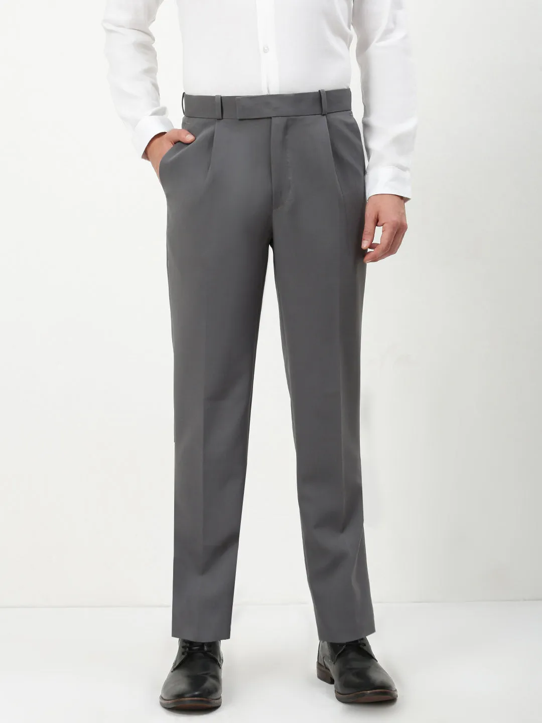 Men's Grey Solid Slim Fit Formal Trousers Functional Design