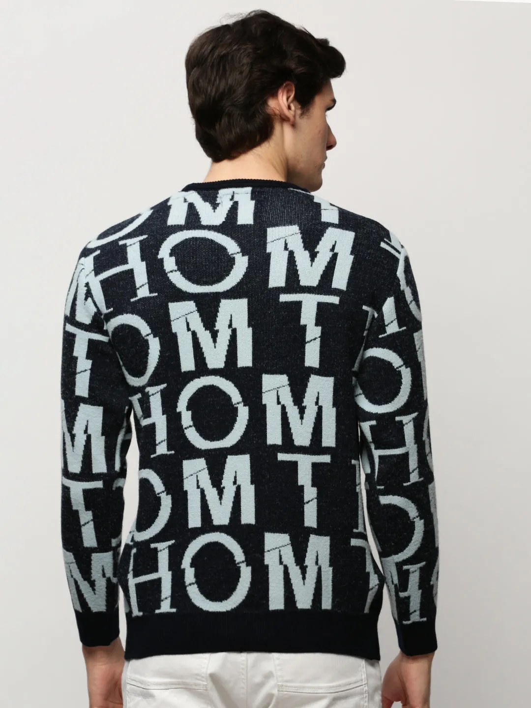 Street Ready Men's Navy Blue Typography Self Design Pullover