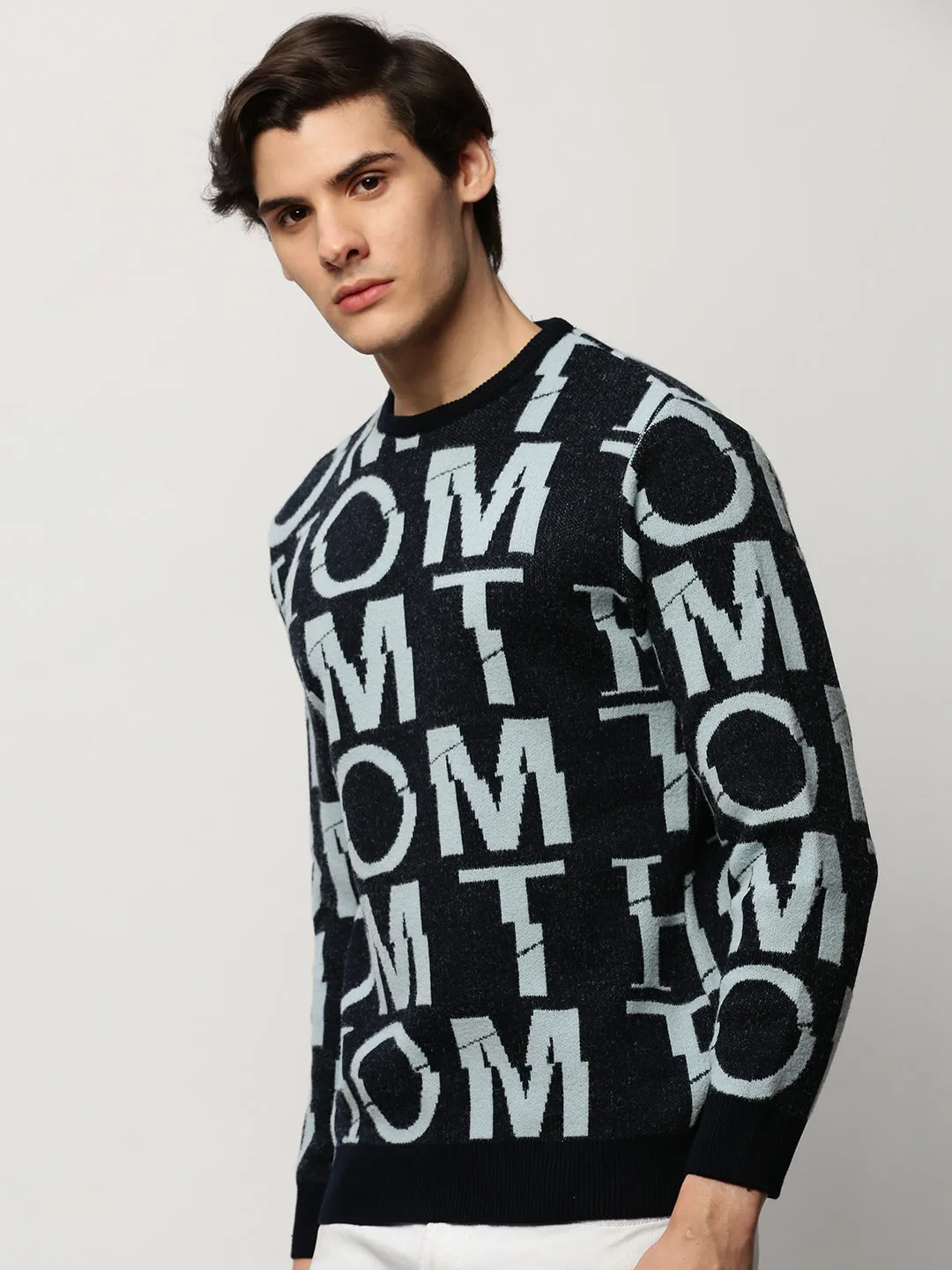 Men's Navy Blue Typography Self Design Pullover Office Comforted Office Trend