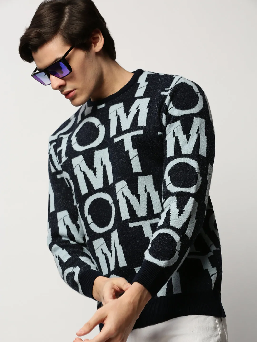 Lounge Outfit Men's Navy Blue Typography Self Design Pullover