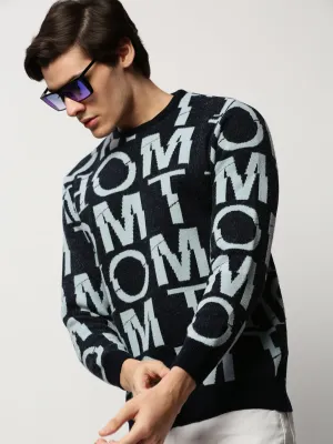 Lounge Outfit Men's Navy Blue Typography Self Design Pullover