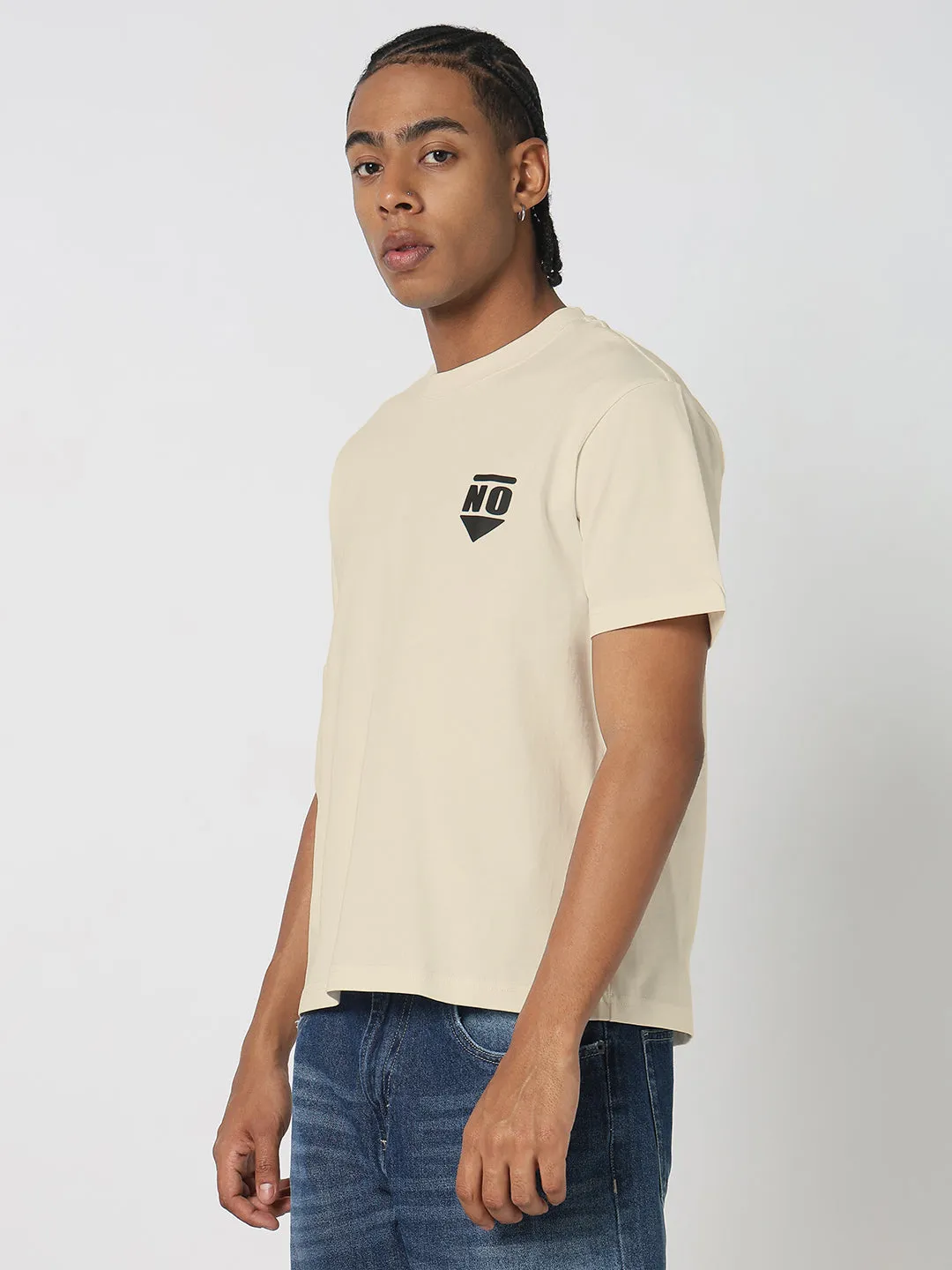 TearResistant Material Men's Cream Graphic Round Neck T-Shirt