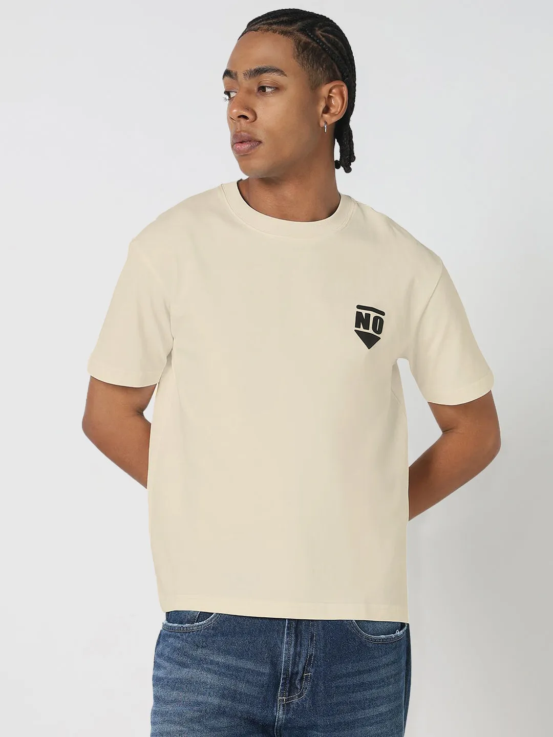 Men's Cream Graphic Round Neck T-Shirt SheerLayeredPanels