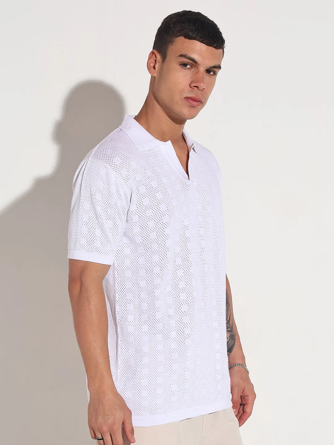 Men??s Textured White Knit Polo T-Shirt with Open Collar AntiStaticMaterial