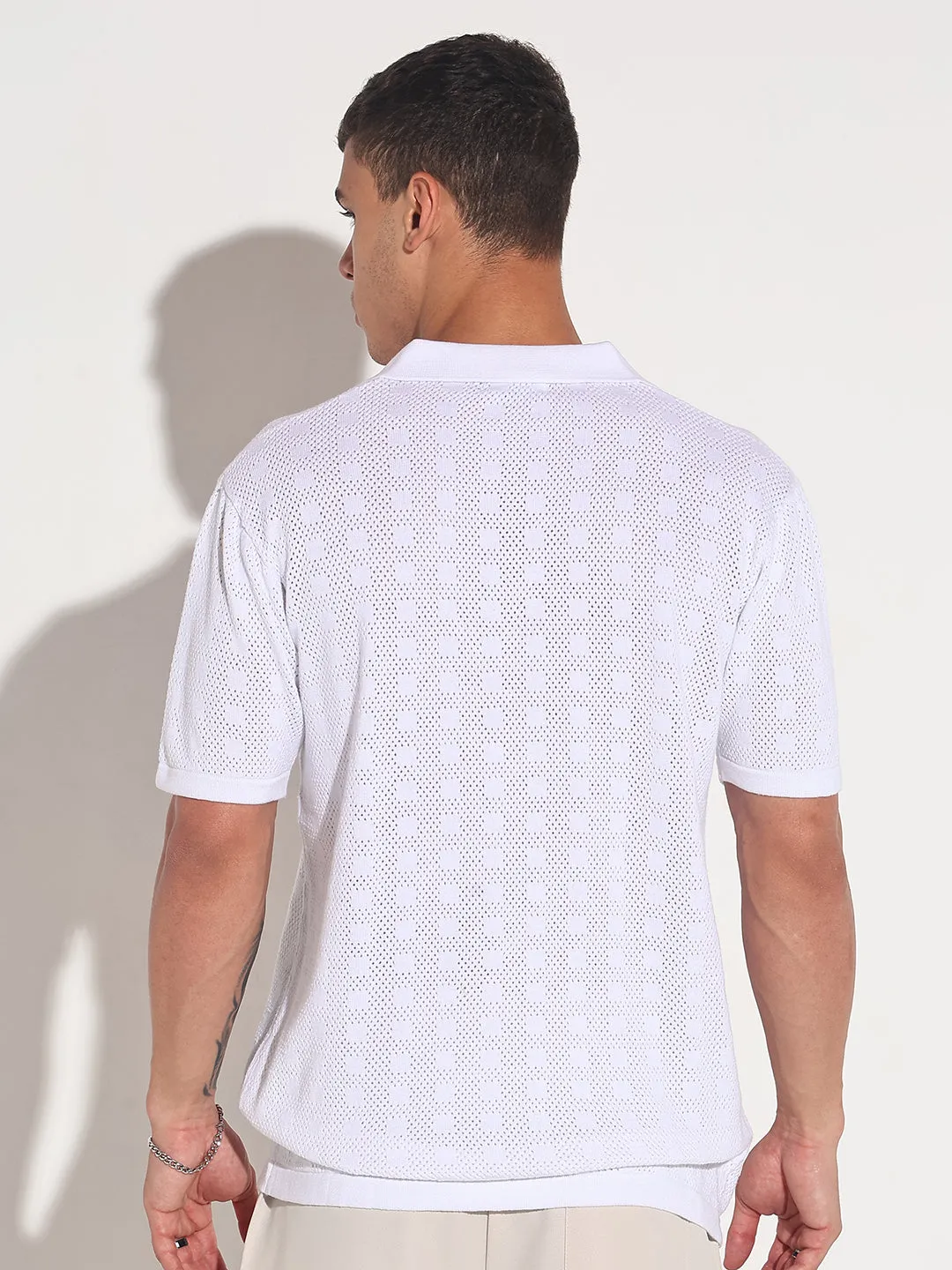 DurableStitching Men??s Textured White Knit Polo T-Shirt with Open Collar