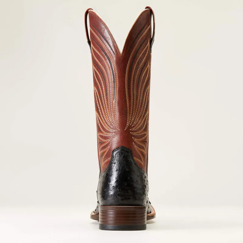 Slip Resistant Stylish Explorer Ariat Men's Brandin' Ultra Western Boot in Jet Black Full Quill Ostrich & Roasted Chestnut