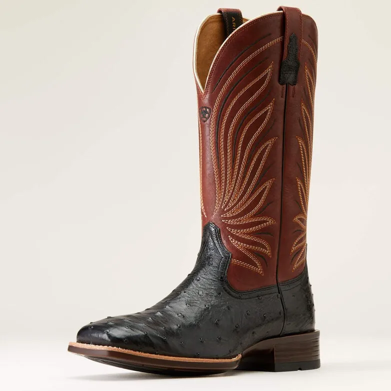 Ariat Men's Brandin' Ultra Western Boot in Jet Black Full Quill Ostrich & Roasted Chestnut Square Toe