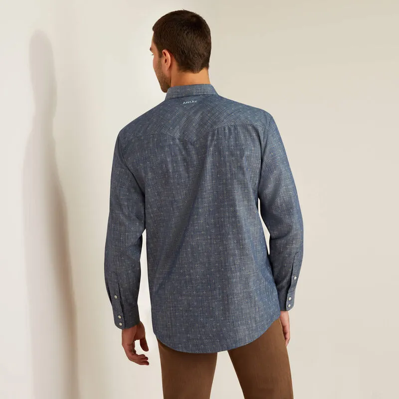 Set In Sleeve Ariat Men's Fenix L/S Geometric Classic Fit Western Snap Shirt in Chambray Blue
