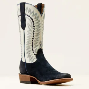 Ariat Men's Futurity Time Western Boot in Polo Blue Roughout/ Blanco Tough Fit Reinforced Form Morning Walk