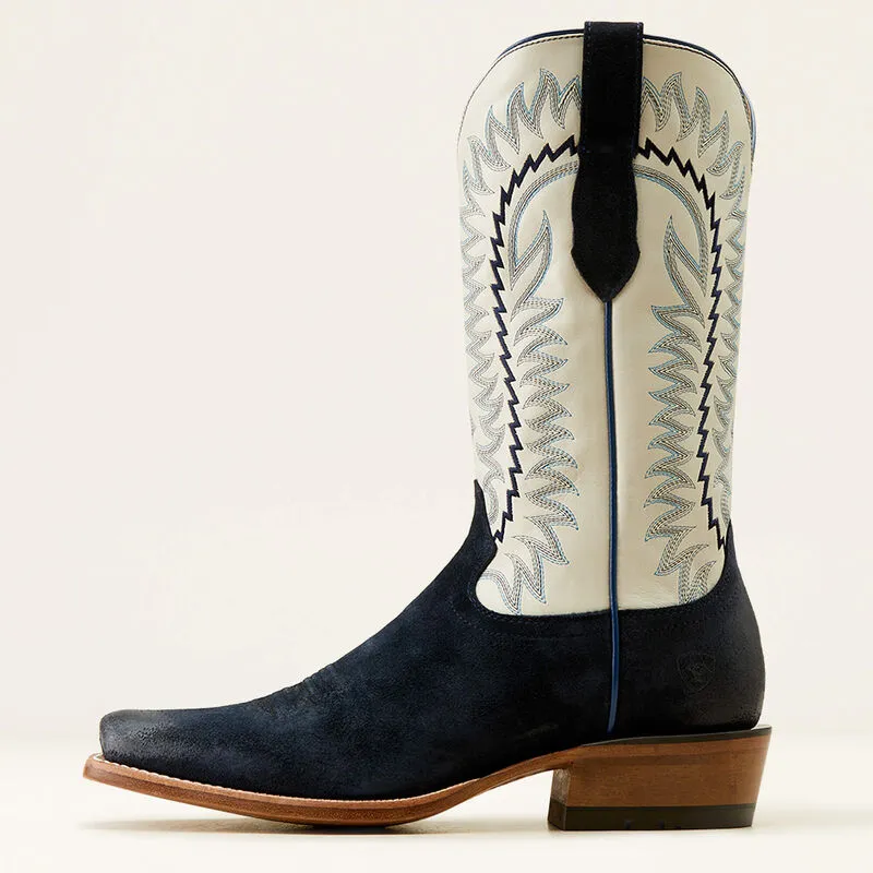 Temperature Regulating Ariat Men's Futurity Time Western Boot in Polo Blue Roughout/ Blanco