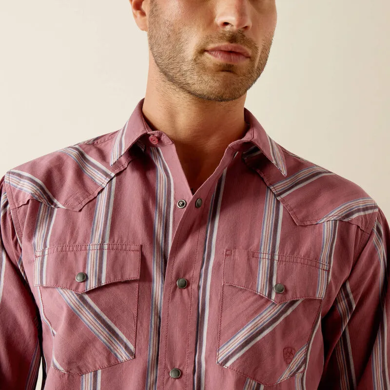 Ariat Men's Humphrey L/S Retro Fit Western Snap Shirt in Red Stripe Non Restrictive Cut Durable Colorfast Finish
