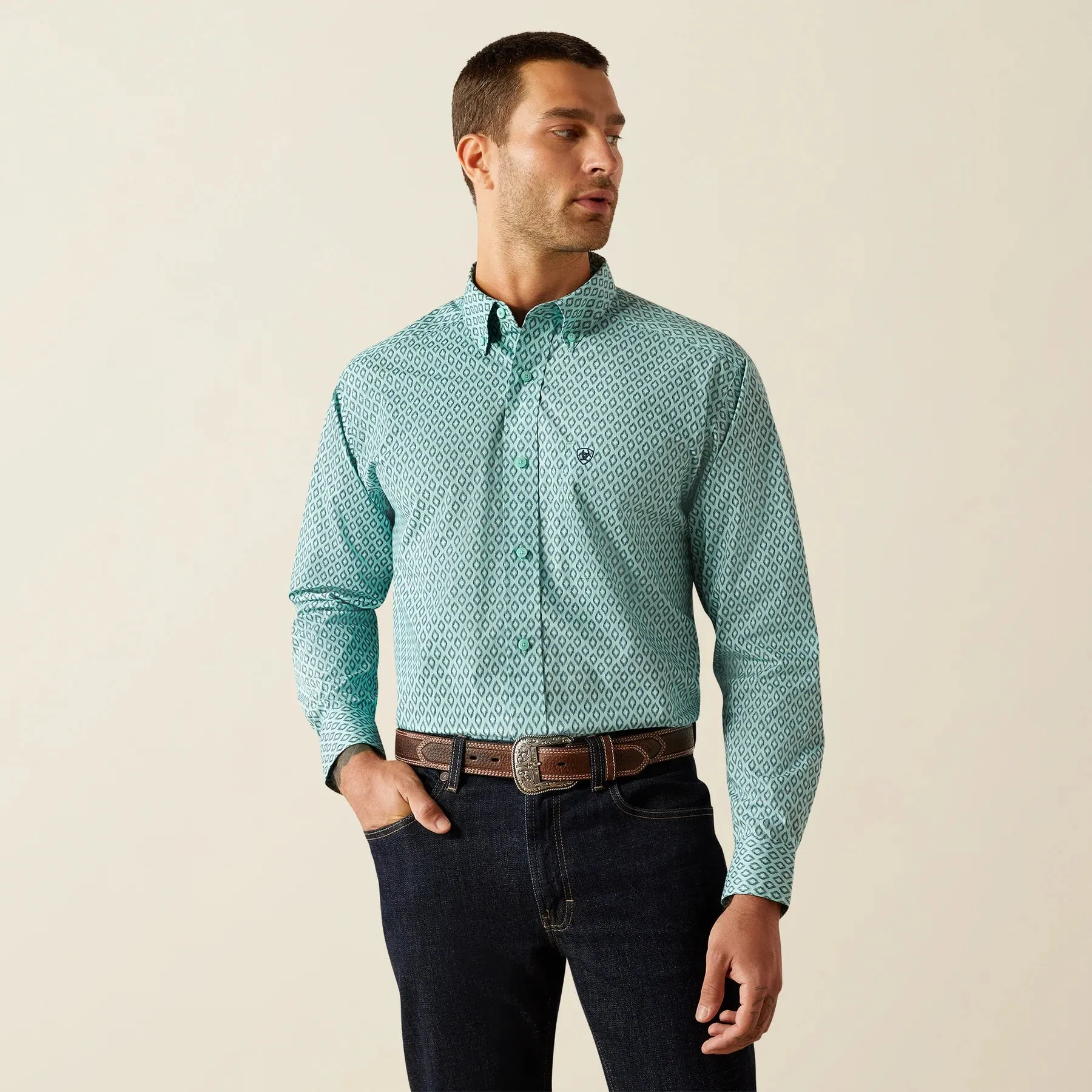 Weekend Wardrobe Comfy Stretch Ariat Men's L/S Canyon Classic Fit Western Button Down Shirt in Mint (Available in Tall Sizes)