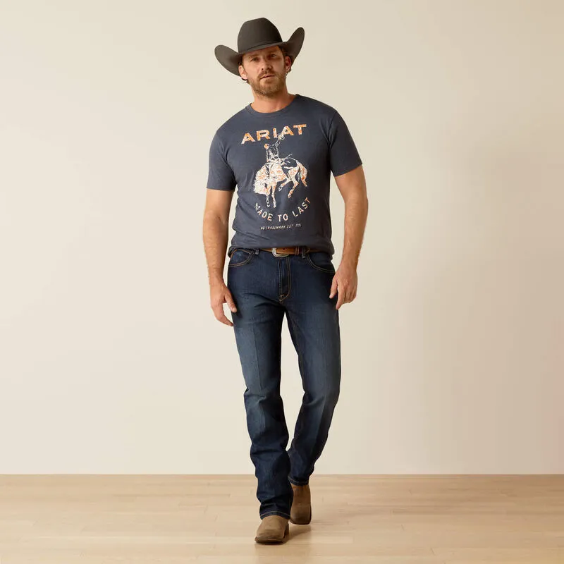 Heather Jersey Material Cozy Touch Ariat Men's Made To Last Bronco Graphic T-Shirt in Navy Heather