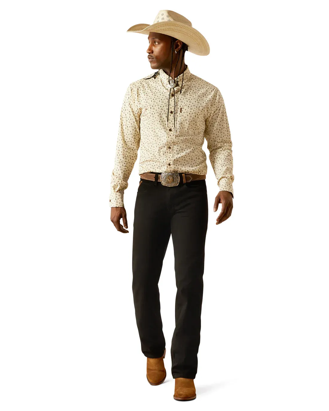 Ariat Men's Milton L/S Modern Fit Western Button Down Shirt in Off White Desert Plus size clothing