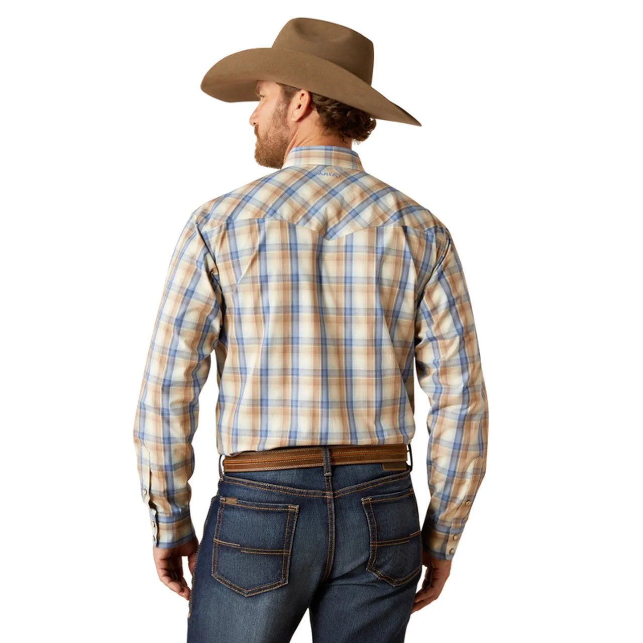 Ariat Men's Pro Series Clint L/S Classic Fit Western Snap Shirt in Khaki Blue Plaid Minimal Look