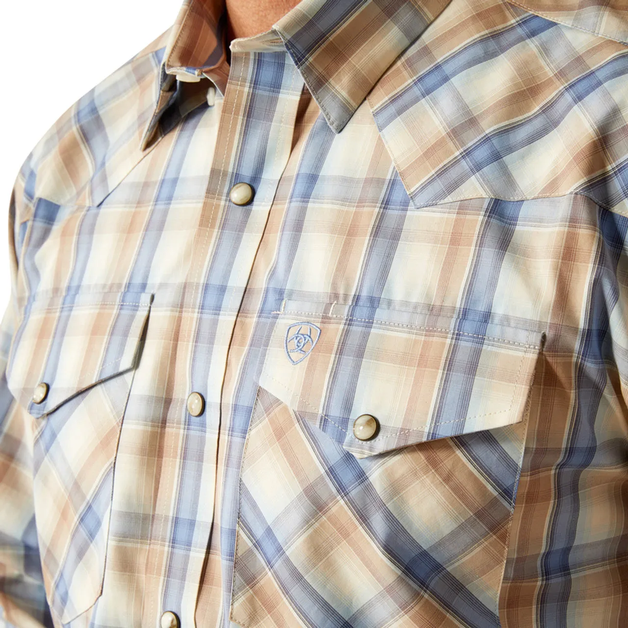 Ariat Men's Pro Series Clint L/S Classic Fit Western Snap Shirt in Khaki Blue Plaid All Day Wear