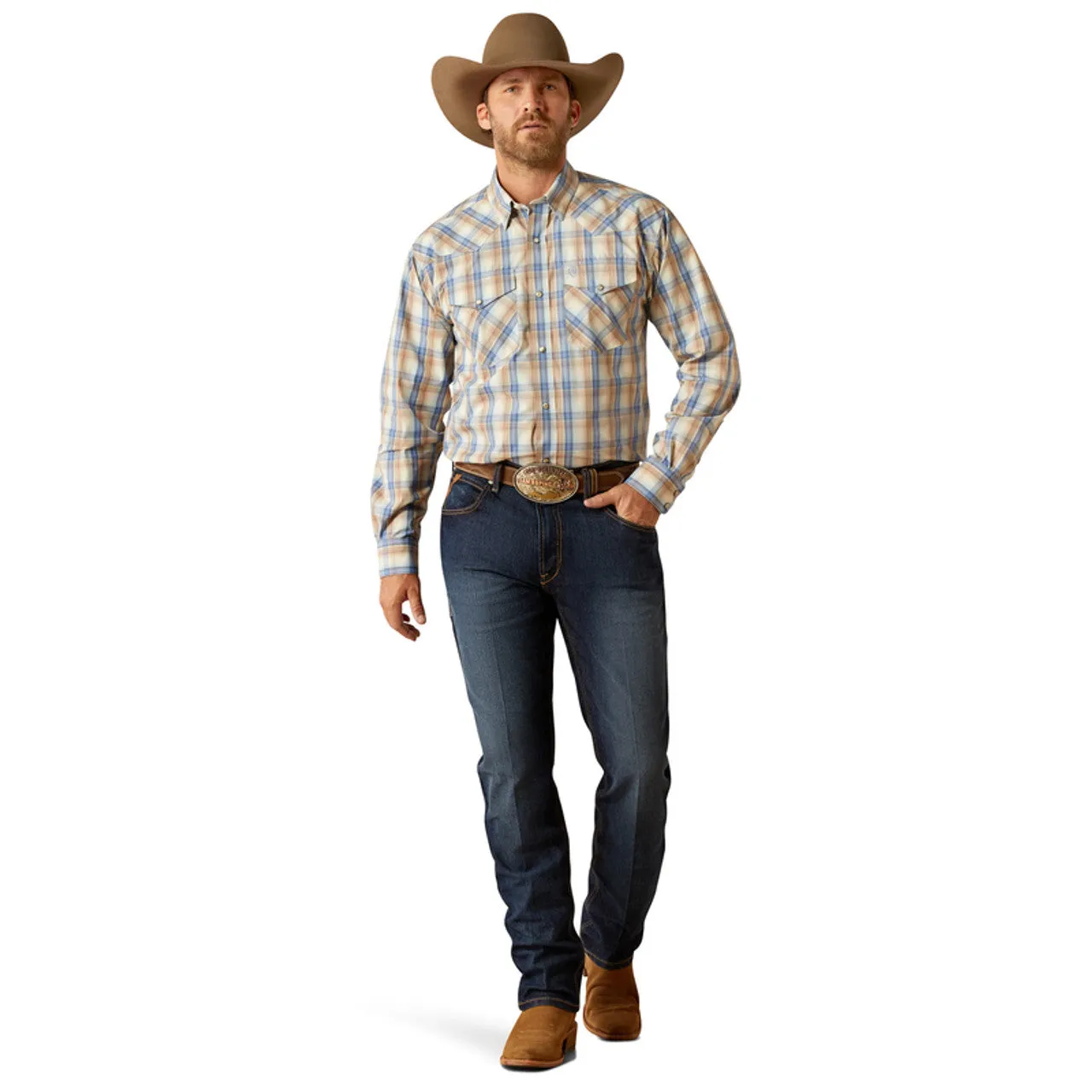 Casual Vibe Wear Ariat Men's Pro Series Clint L/S Classic Fit Western Snap Shirt in Khaki Blue Plaid