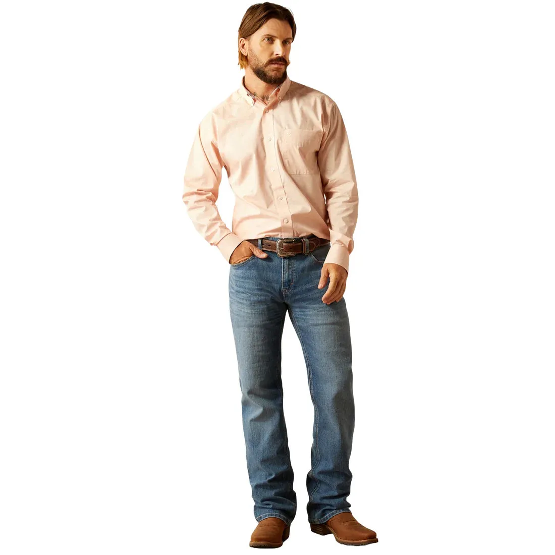 Ariat Men's Wrinkle Free L/S Classic Fit Ashton Western Button Down Shirt in Pink Geometric BioBased Fibers