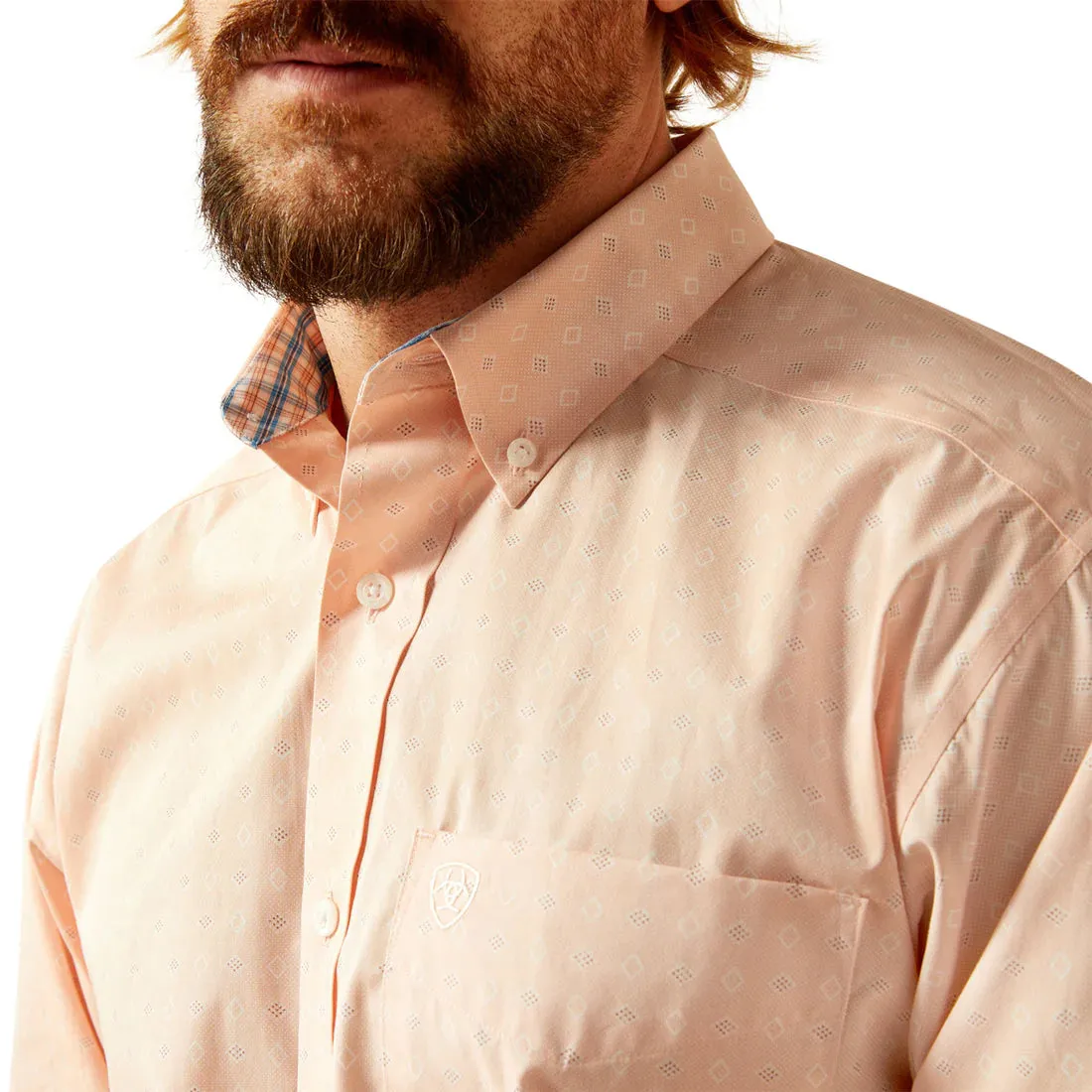 Minimalist fashion Bohemian Ariat Men's Wrinkle Free L/S Classic Fit Ashton Western Button Down Shirt in Pink Geometric