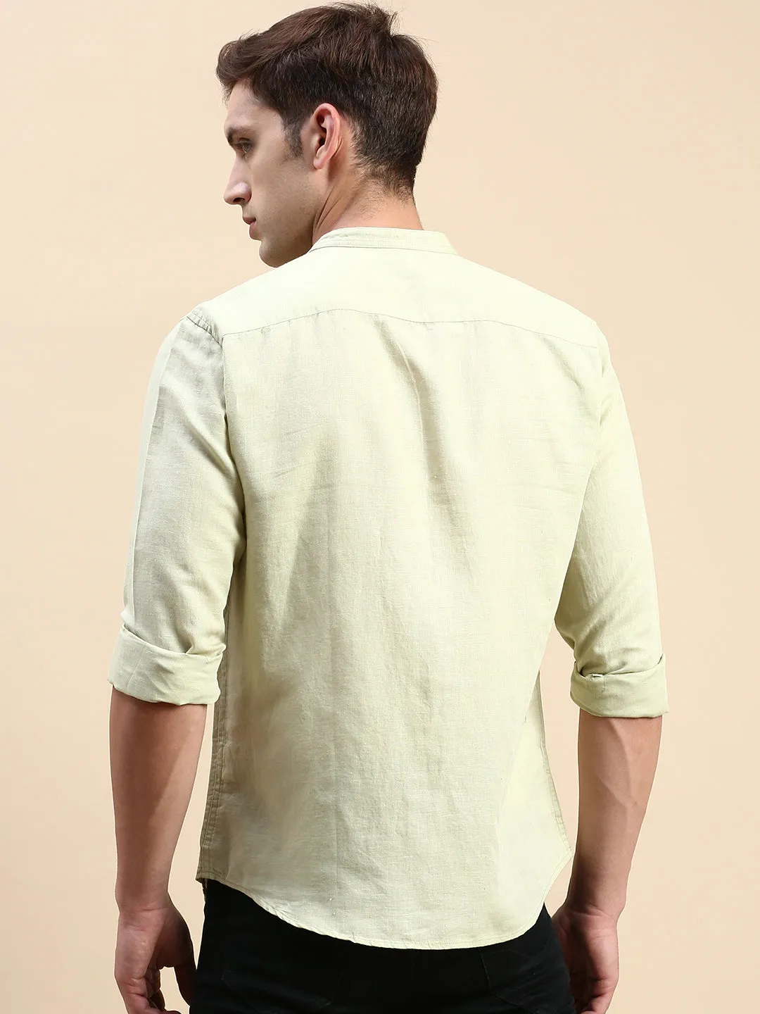 Breezy Comfort Comfortable Pants Men's Green Mandarin Collar Solid Slim Fit Shirt