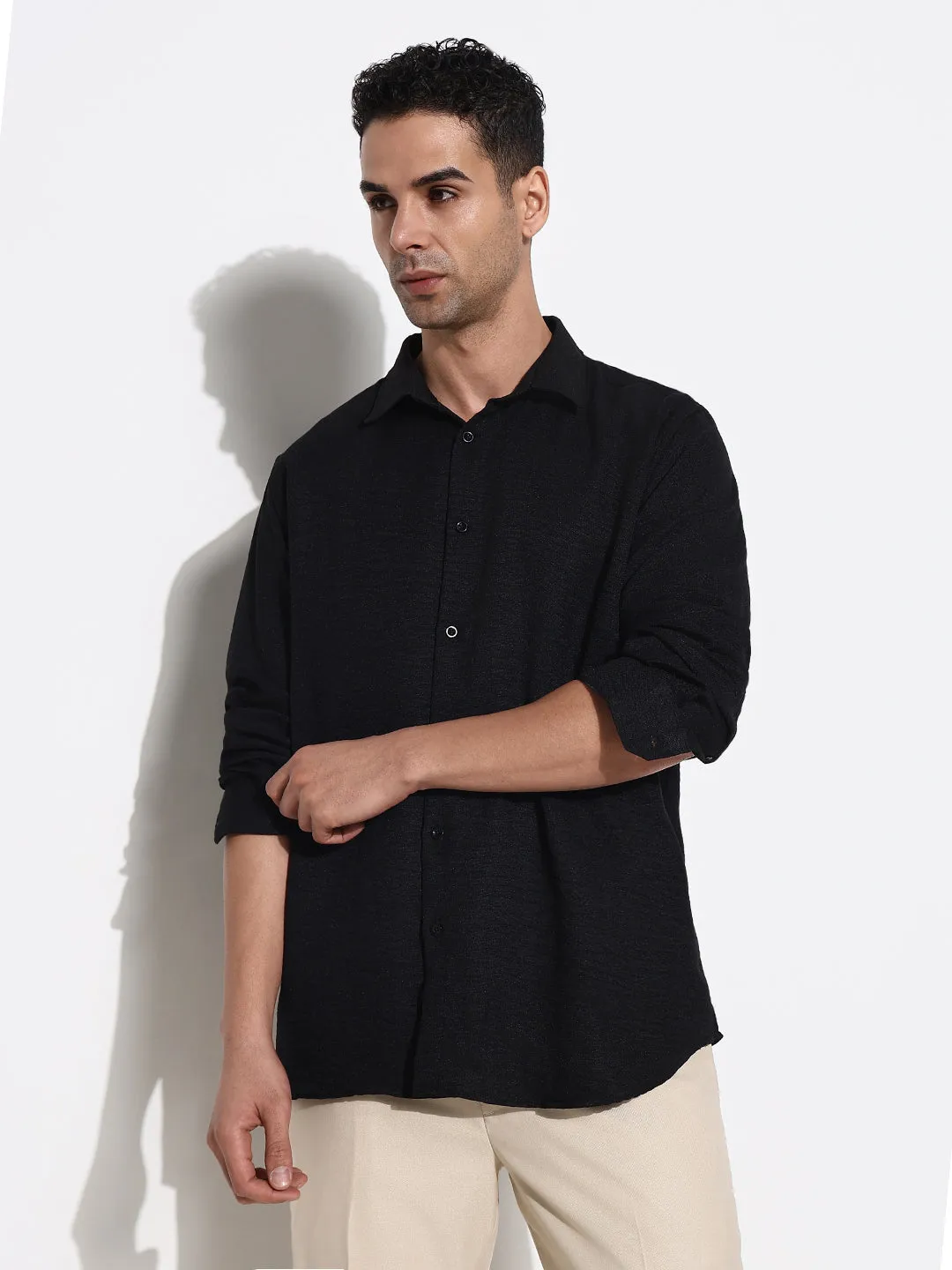 Men's Black Solid Casual Slim Fit Shirt Soft Touch