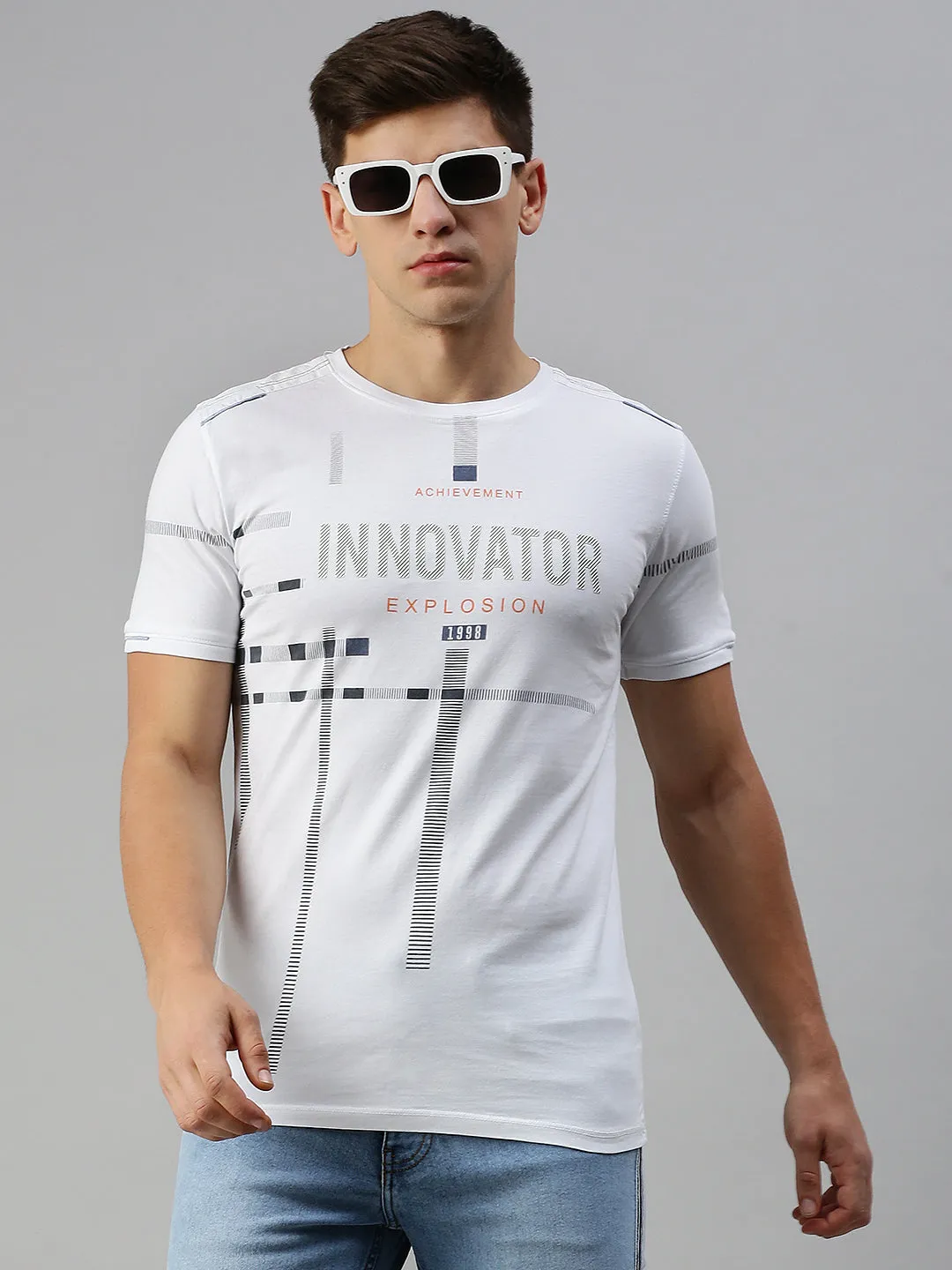 Slim Silhouette Men's White Typography Printed Regular Fit Cotton T-shirt