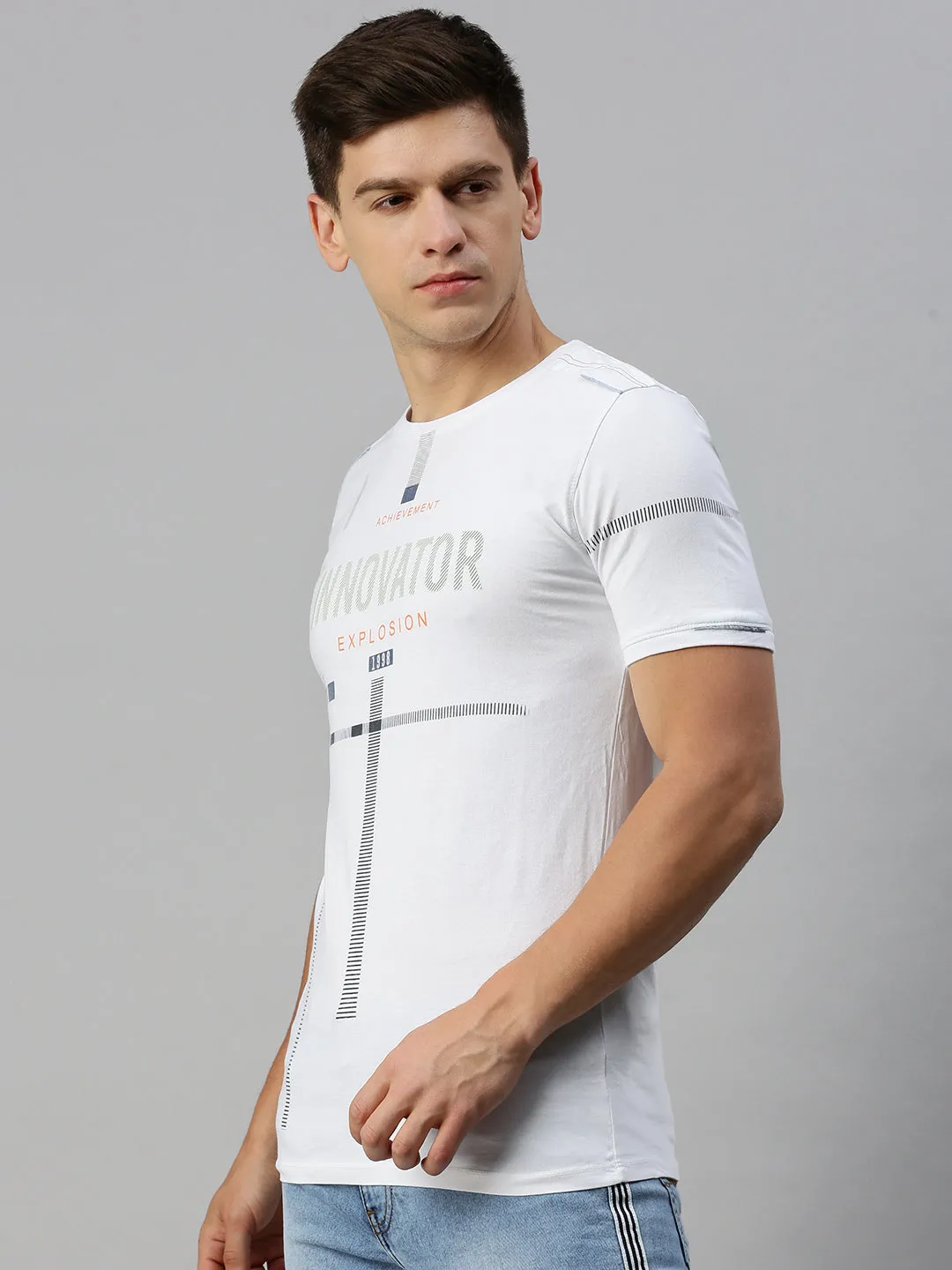 Holiday Wear active top Men's White Typography Printed Regular Fit Cotton T-shirt