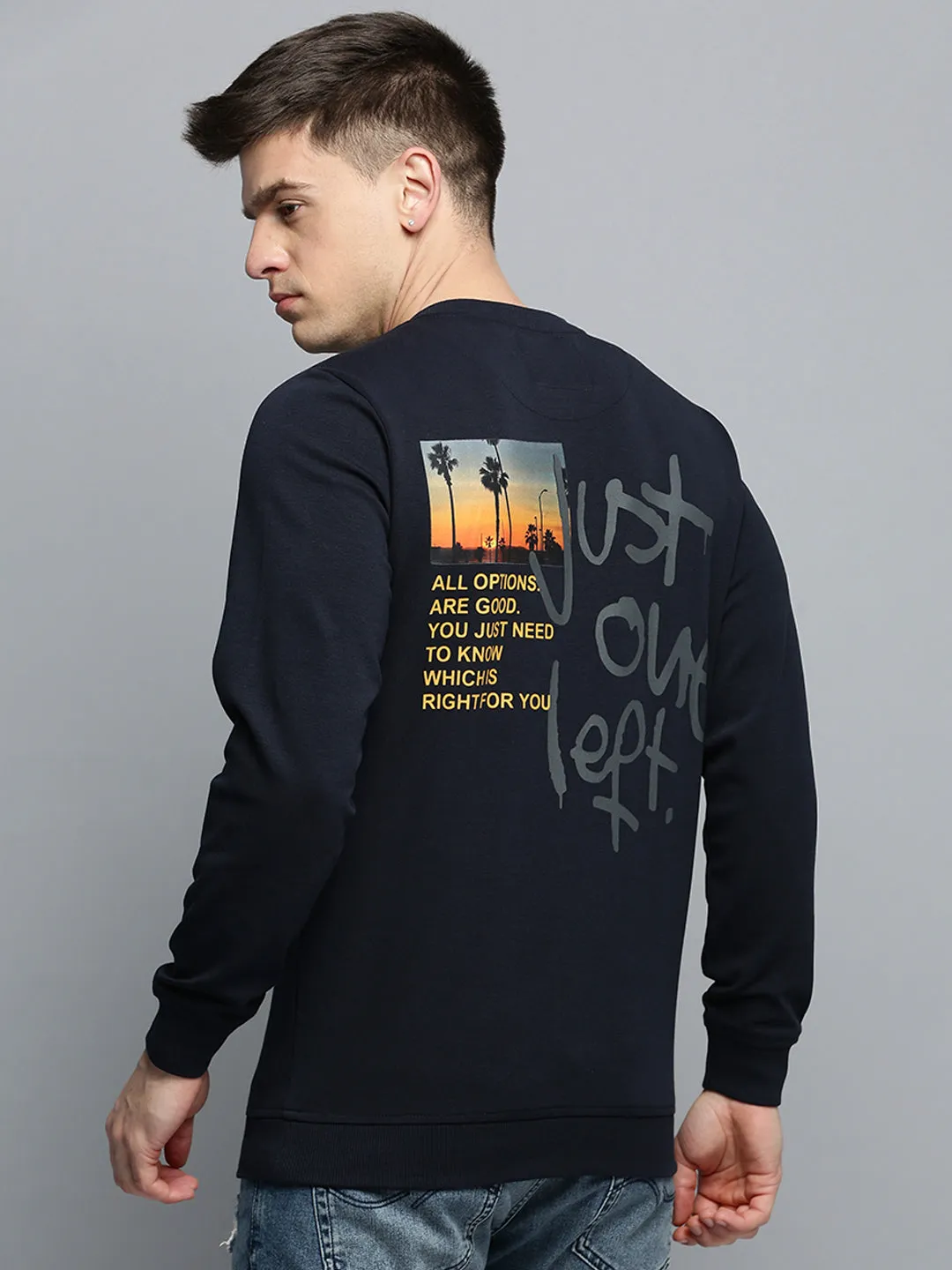 Fresh Look Men's Navy Blue Typography Printed Pullover Cotton Sweatshirt