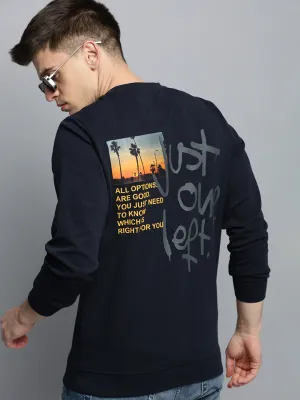 Men's Navy Blue Typography Printed Pullover Cotton Sweatshirt Comfy Comfort