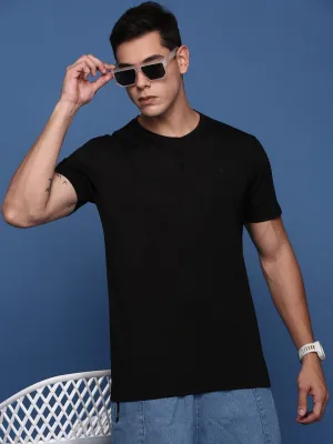 Men's Black Round Neck Solid Cotton Slim Fit T-Shirt V-Neck
