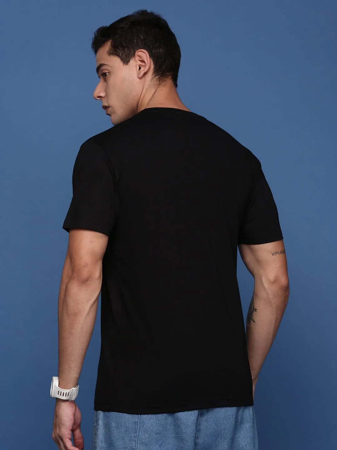 Men's Black Round Neck Solid Cotton Slim Fit T-Shirt Chill Vibes