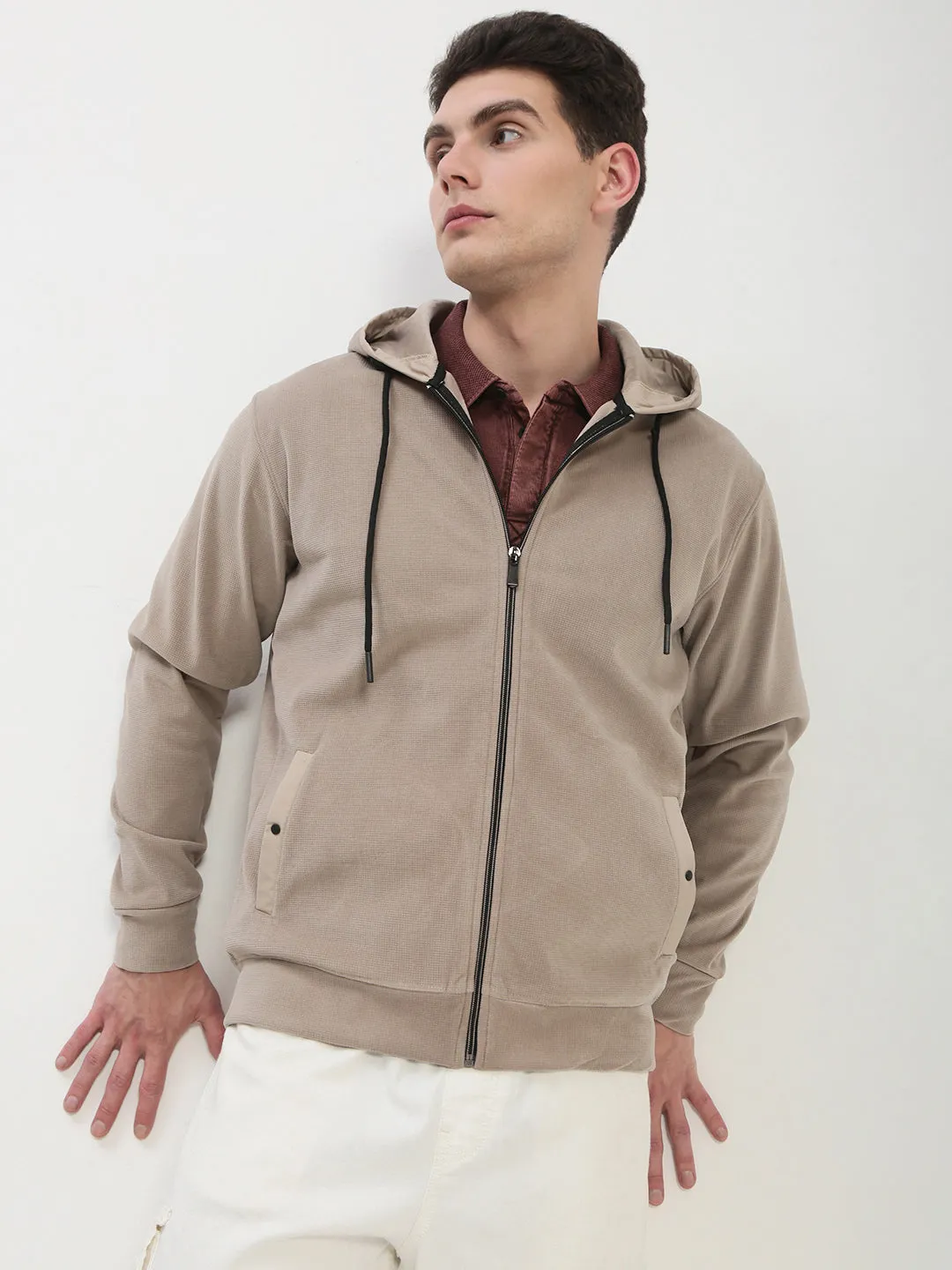 Men's Beige Solid Hooded Sweatshirt Printed Detail Warm Fashion