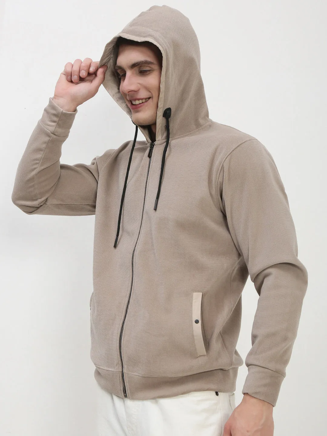 Men's Basic Wear Men's Beige Solid Hooded Sweatshirt