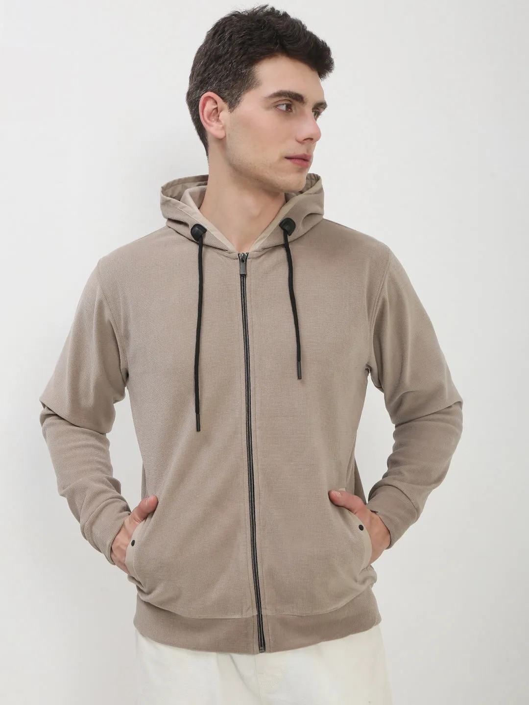 Lightweight Comfort Men's Beige Solid Hooded Sweatshirt