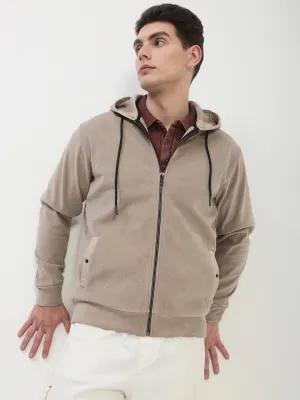 Men's Beige Solid Hooded Sweatshirt Printed Detail Warm Fashion