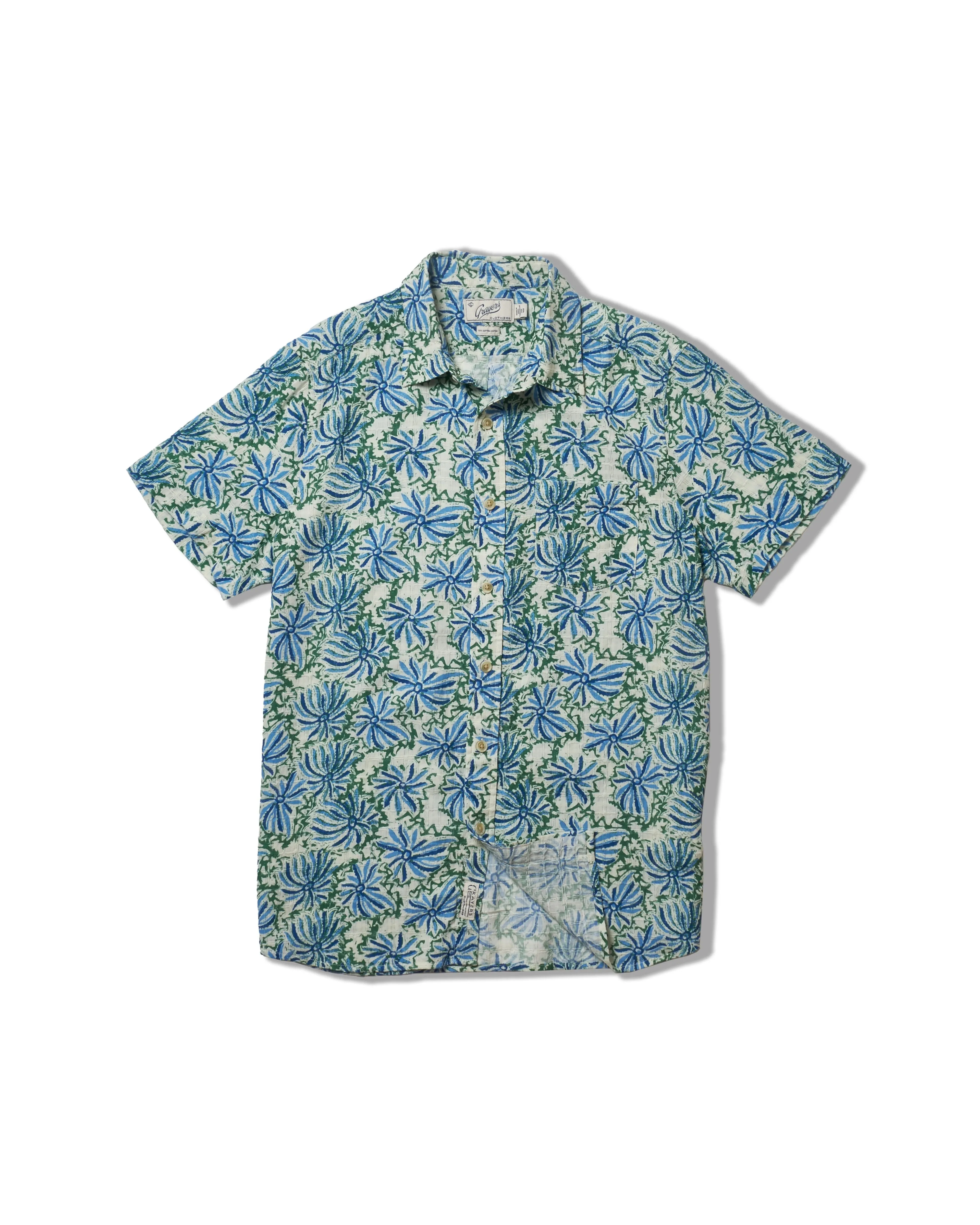 Bamboo Dobby Printed Short Sleeve Shirt - Blue Green Floral Pre Shrunk Cotton