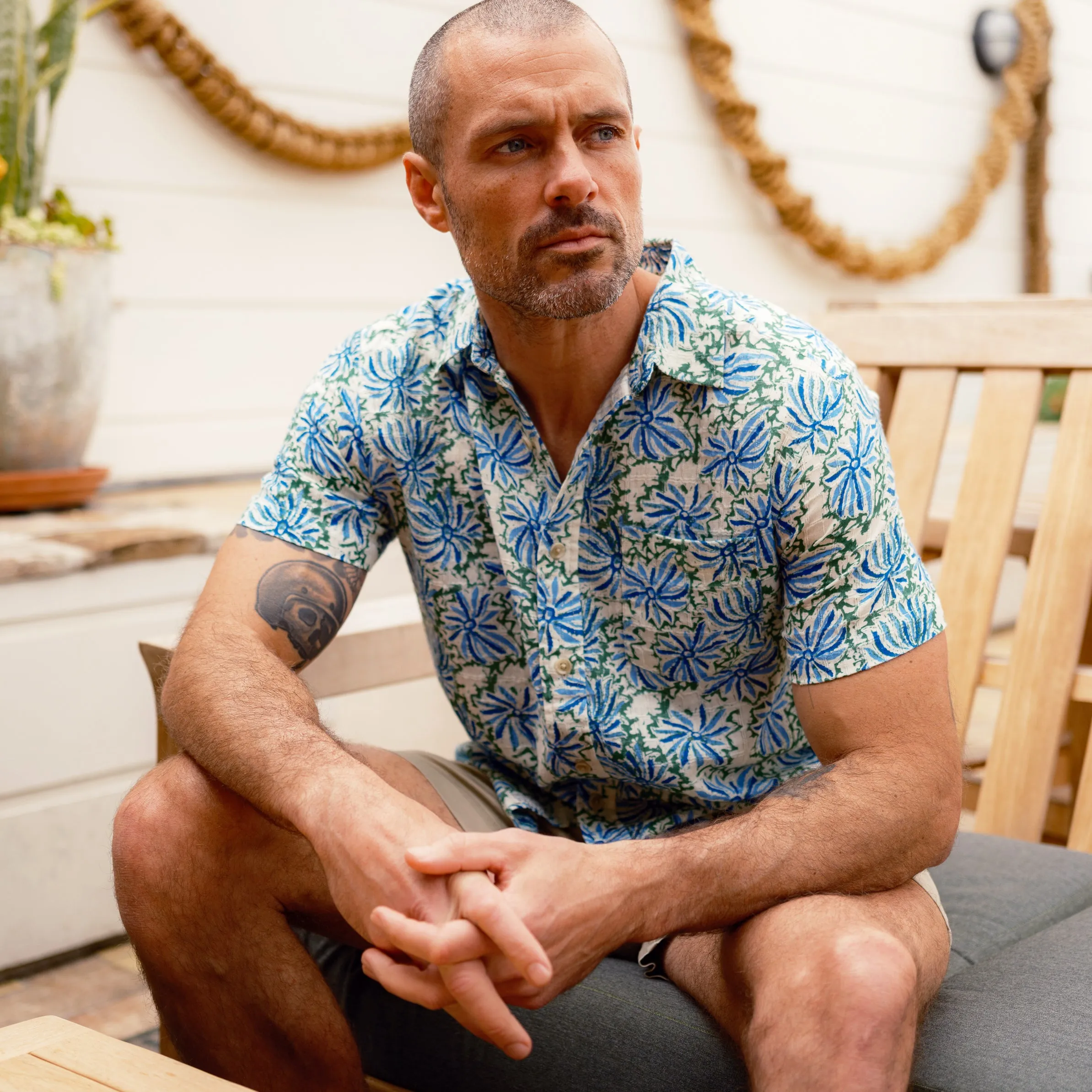 Bamboo Dobby Printed Short Sleeve Shirt - Blue Green Floral Casual everyday wear