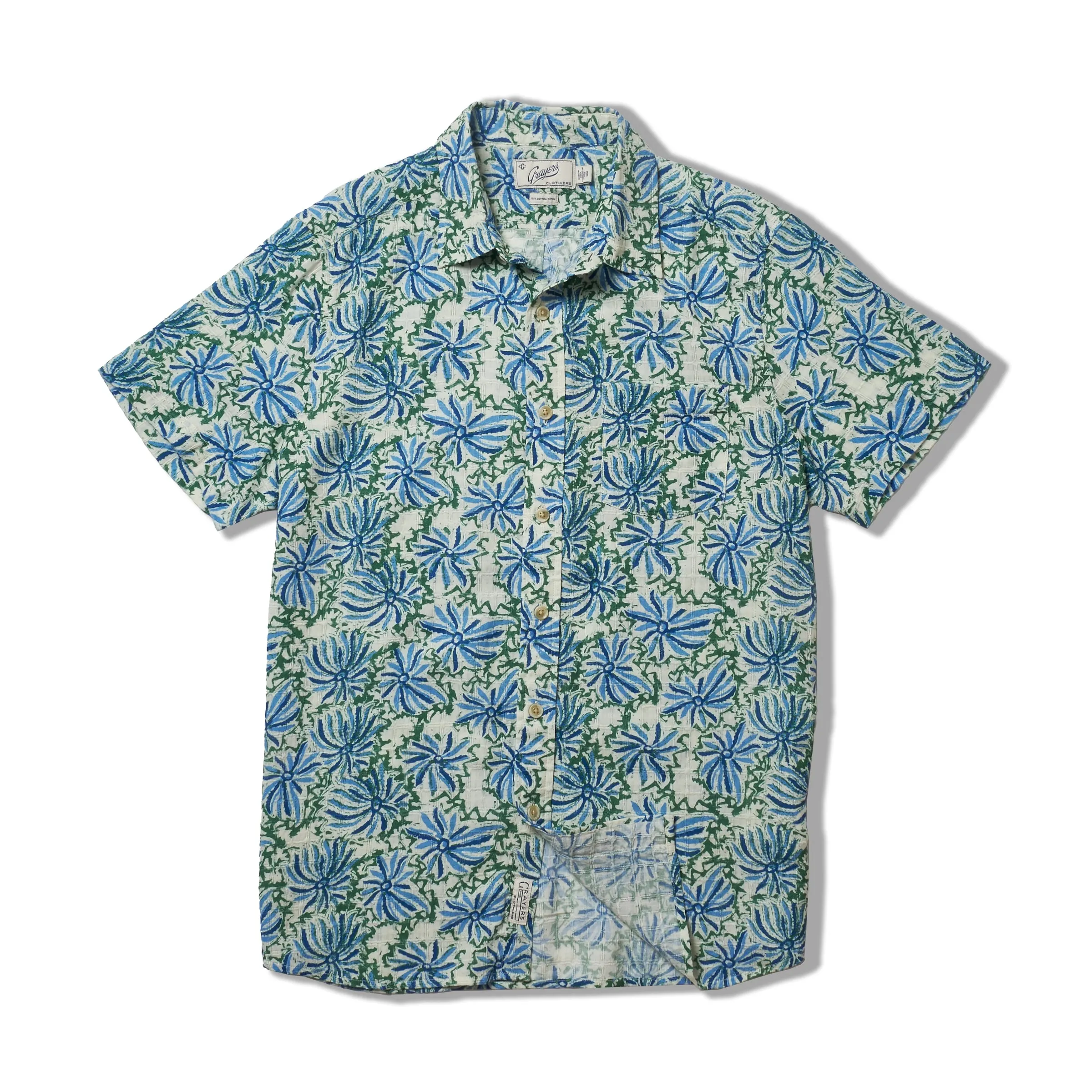 Wrinkle Resistant Texture Fun and Playful Bamboo Dobby Printed Short Sleeve Shirt - Blue Green Floral