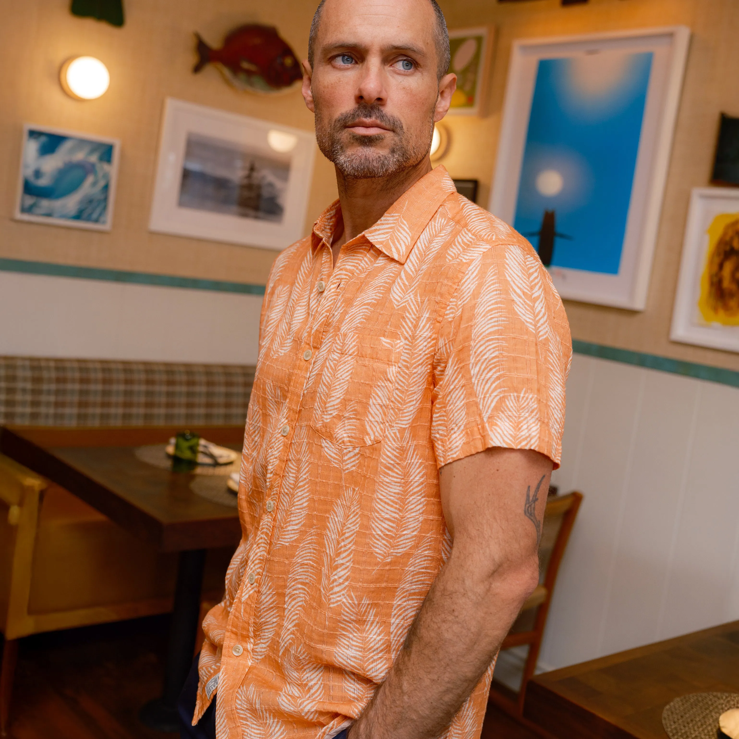 Skin Friendly Blends Bamboo Dobby Printed Short Sleeve Shirt - Coppertone Leaf