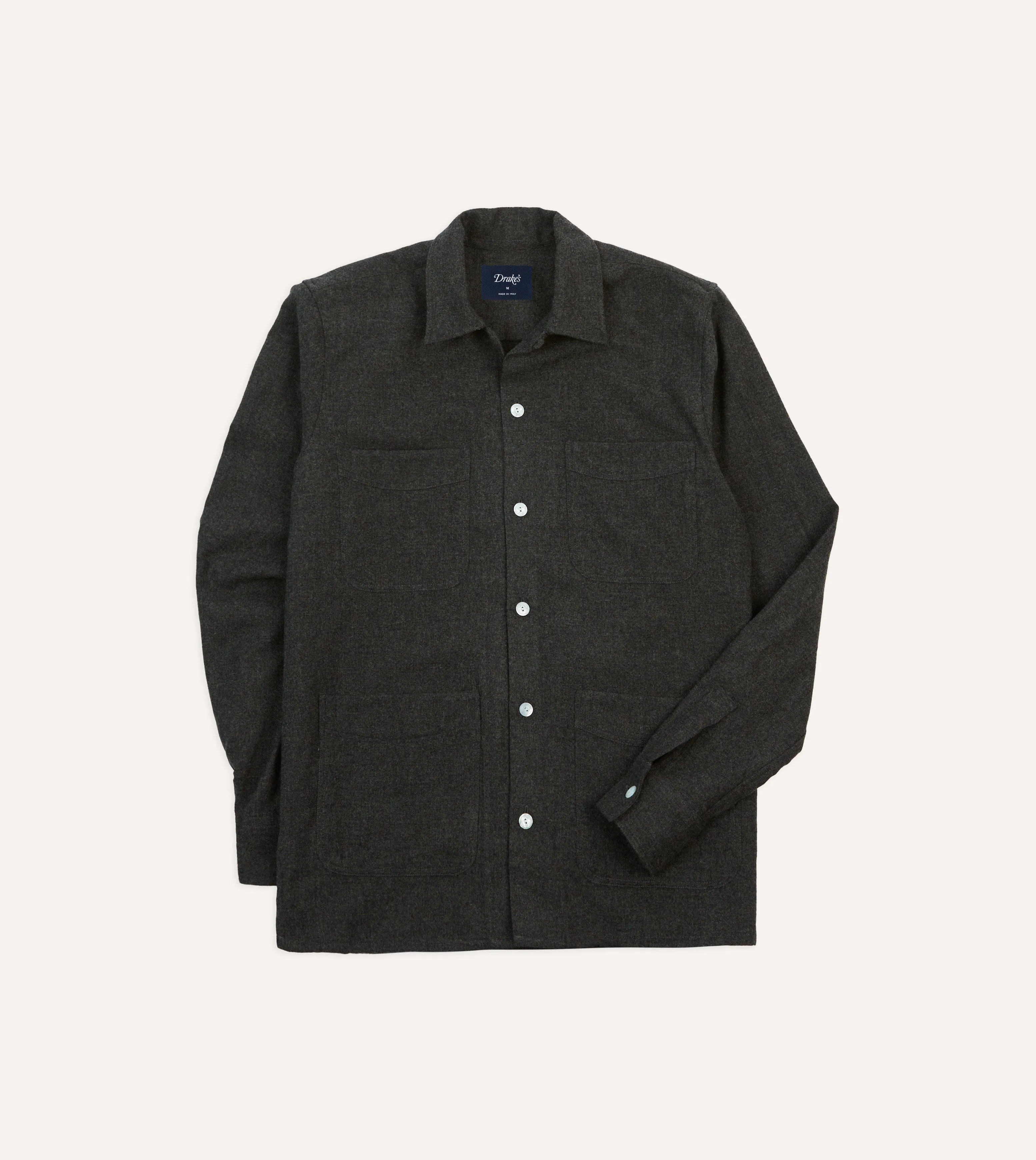 Easy-Going Style Grey Wool Four-Pocket Camp Collar Work Shirt