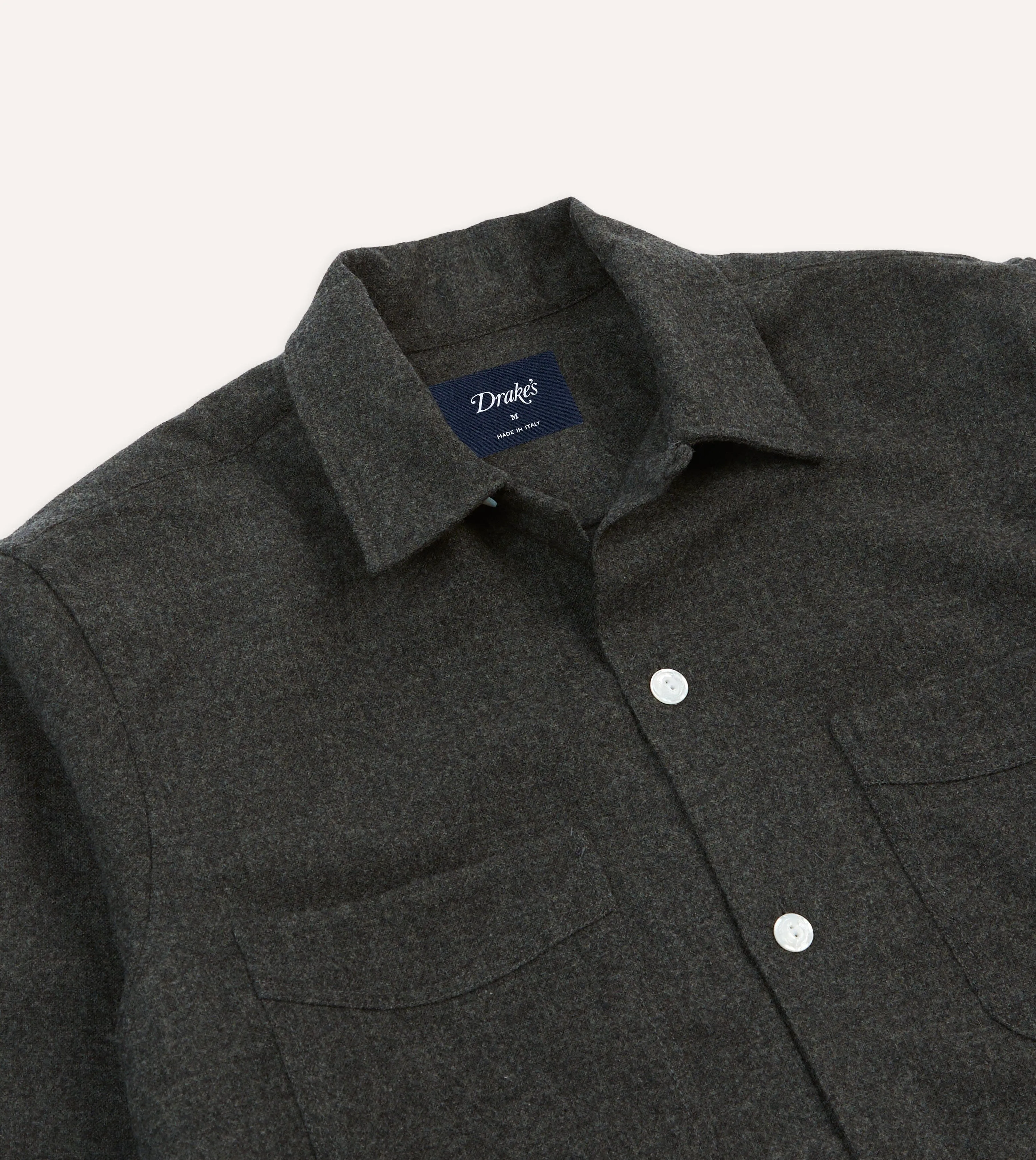Water Based Ink Grey Wool Four-Pocket Camp Collar Work Shirt