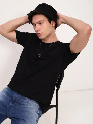 Cold Day Wear Tall Fit Men's Black Solid Cotton Round Neck T-Shirt