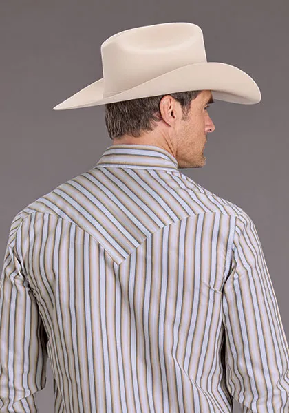Stetson Men's L/S Ombre Stripe Western Snap Shirt in Brown Vintage Look Organic Cotton Blend