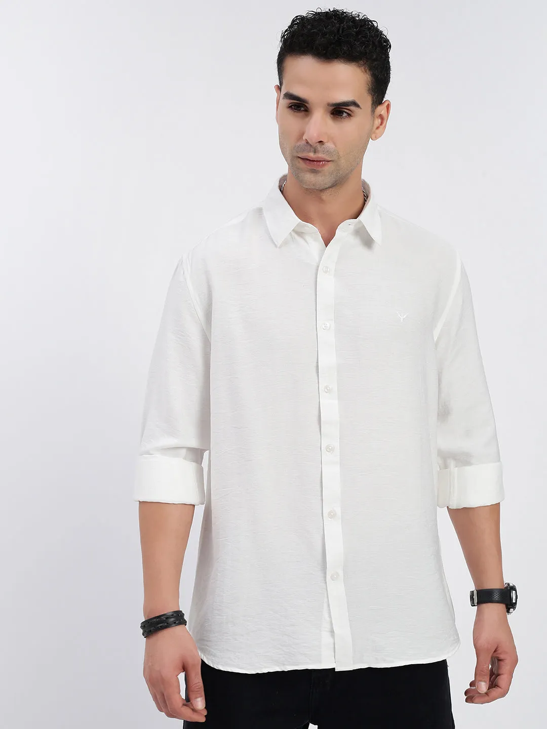 Men's White Standard Spread Collar Solid Cotton Casual Shirt TaglessLabel AdjustableWaistband