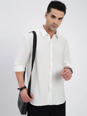 Men's White Standard Spread Collar Solid Cotton Casual Shirt Fire Glow