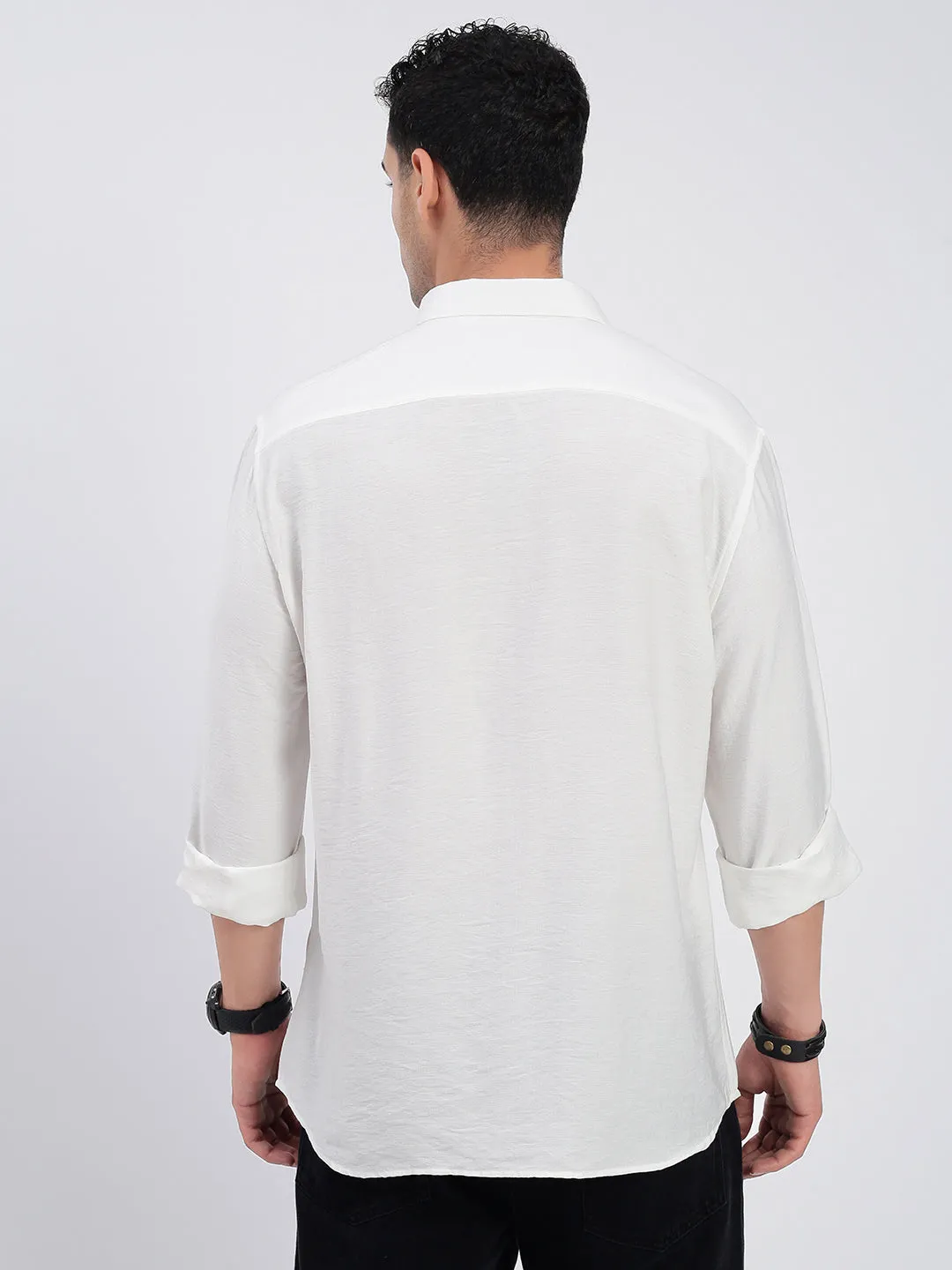 Men's White Standard Spread Collar Solid Cotton Casual Shirt Daywear Style