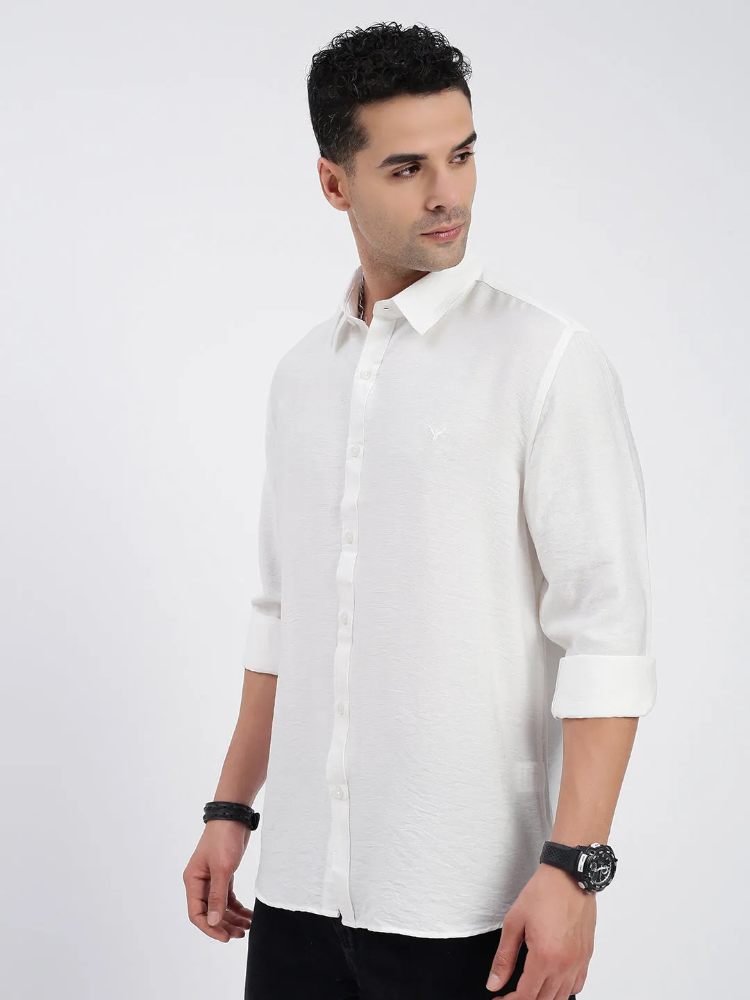 Men's White Standard Spread Collar Solid Cotton Casual Shirt Fashion Layers BreathableLining