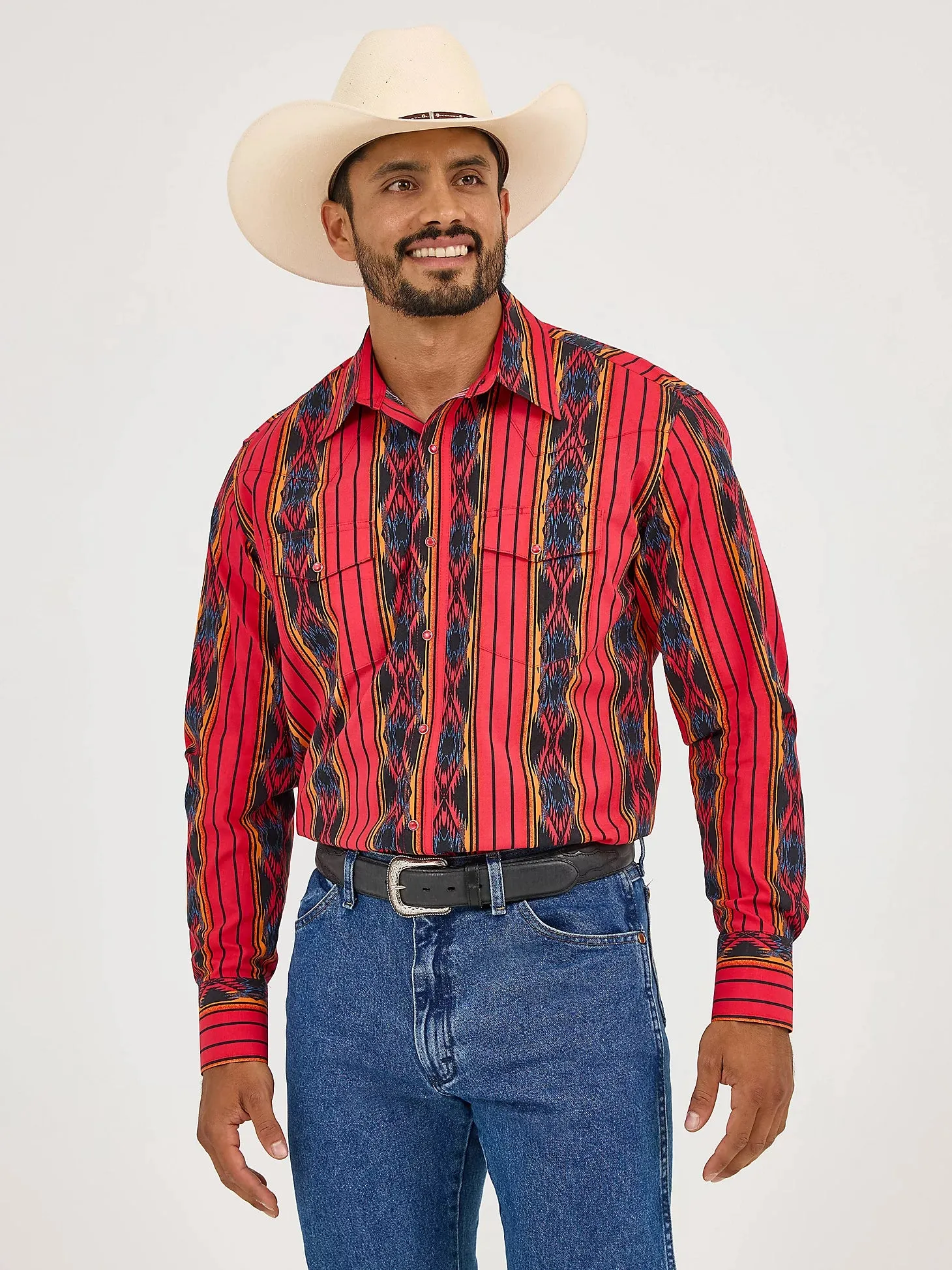 Breathable Stretch Fit Wrangler Men's Checotah L/S Western Snap Shirt in Amaranth Red