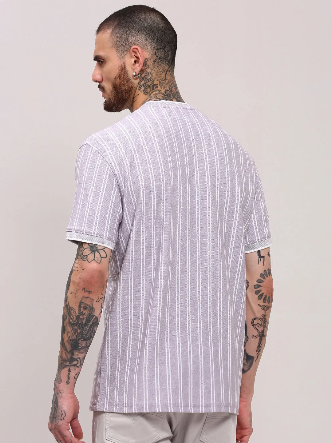Breathable fabric Daily Active Men's Purple Striped T-Shirt